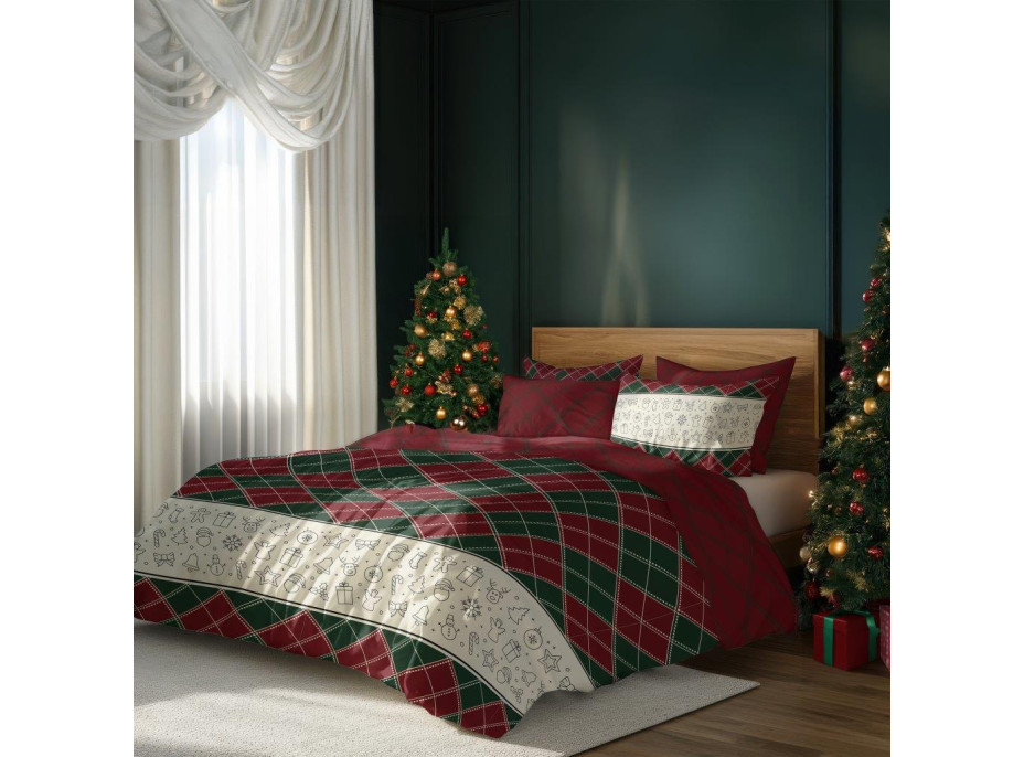 Bavlnené obliečky MAGIC WINTER Karo - zelené / červené - 160x200 cm