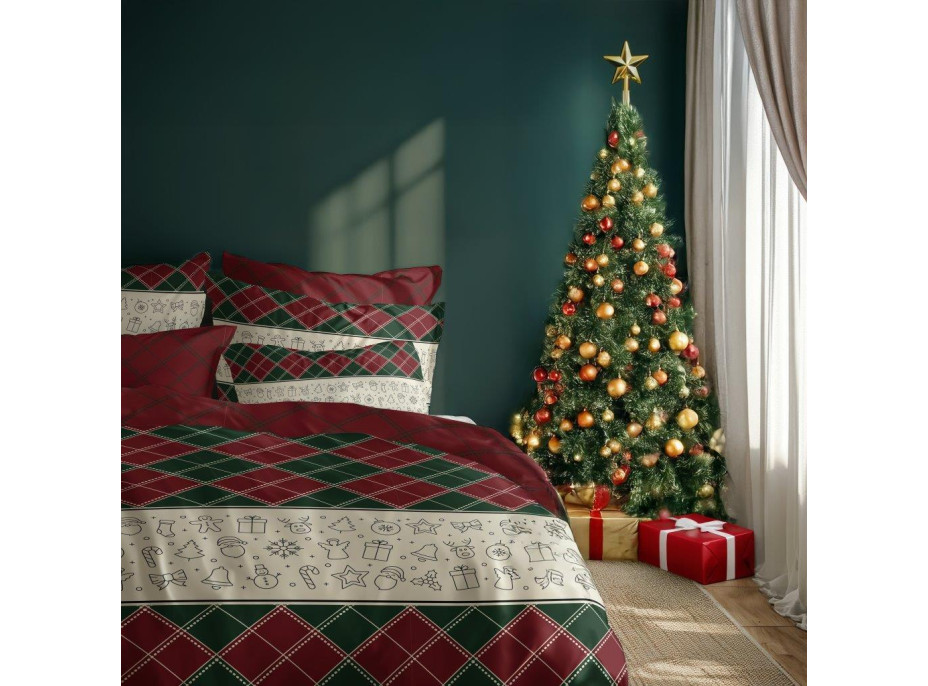 Bavlnené obliečky MAGIC WINTER Karo - zelené / červené - 160x200 cm