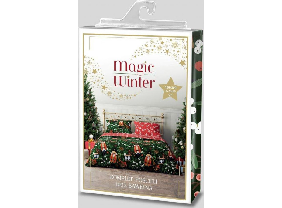 Bavlnené obliečky MAGIC WINTER Luskáčikovia a imelo - tmavo zelené/červené - 160x200 cm