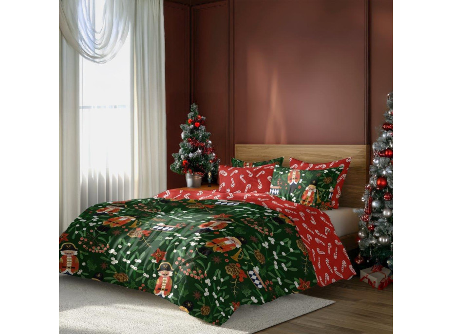 Bavlnené obliečky MAGIC WINTER Luskáčikovia a imelo - tmavo zelené/červené - 160x200 cm