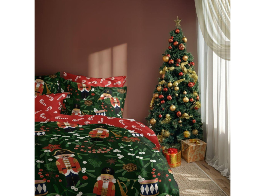 Bavlnené obliečky MAGIC WINTER Luskáčikovia a imelo - tmavo zelené/červené - 160x200 cm