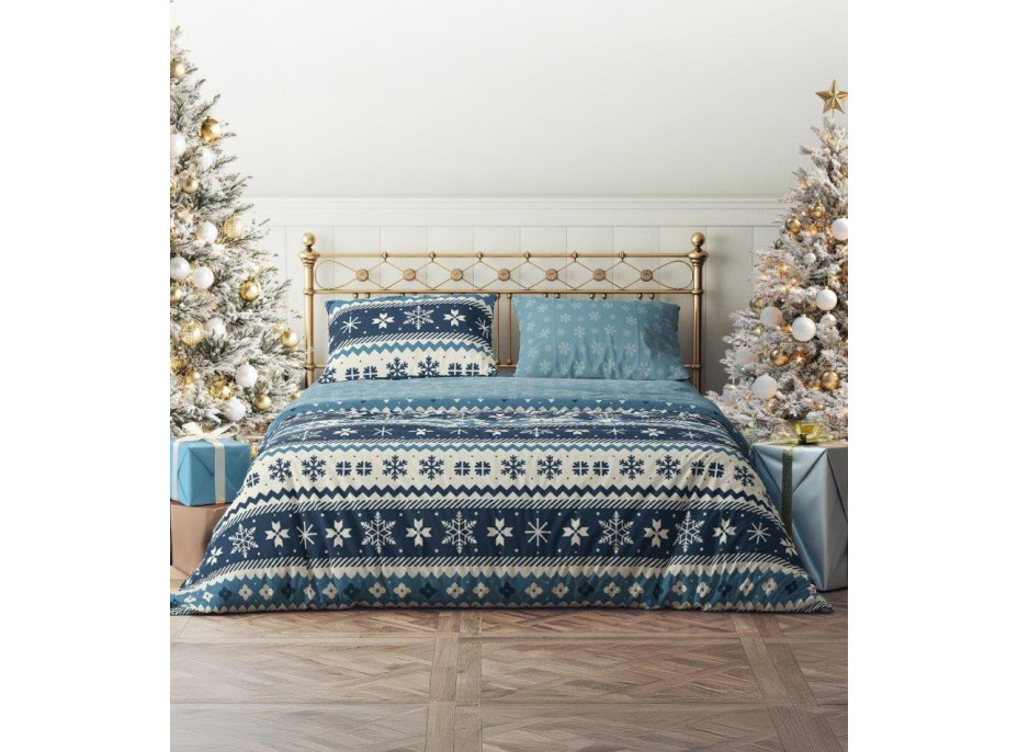 Bavlnené obliečky MAGIC WINTER Vločky - modré - 160x200 cm