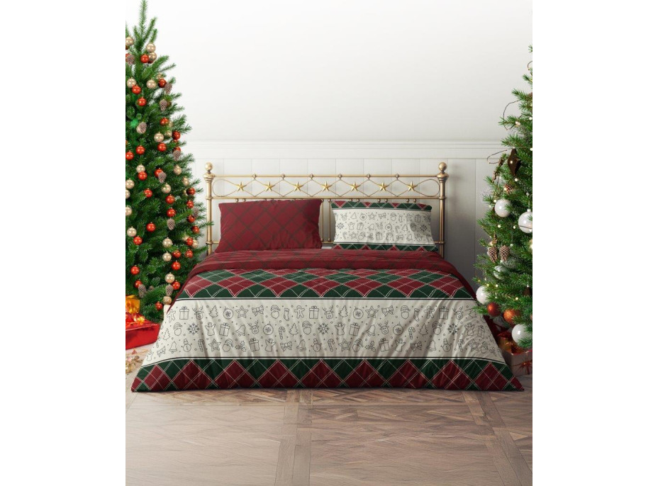 Bavlnené obliečky MAGIC WINTER Karo - zelené / červené - 220x200 cm