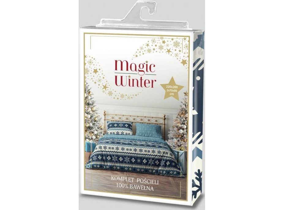 Bavlnené obliečky MAGIC WINTER Vločky - modré - 220x200 cm