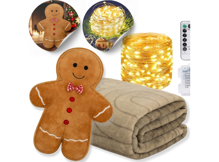 Vianočná sada PERNÍČEK - deka 130x170 cm + tvarovaný vankúšik + LED svetelný záves