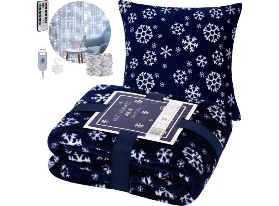 Vianočná sada NIEVE - deka 130x170 cm + obliečka na vankúš + LED svetelný záves