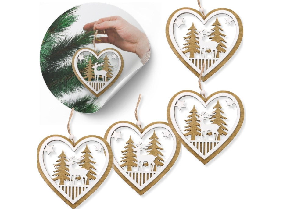 Vianočné drevené ozdoby na stromček - Srdiečko - 4 kusy