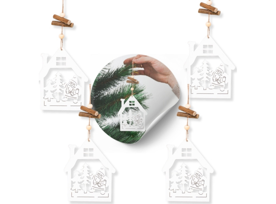 Vianočné drevené ozdoby na stromček Biely domček - 4 kusy