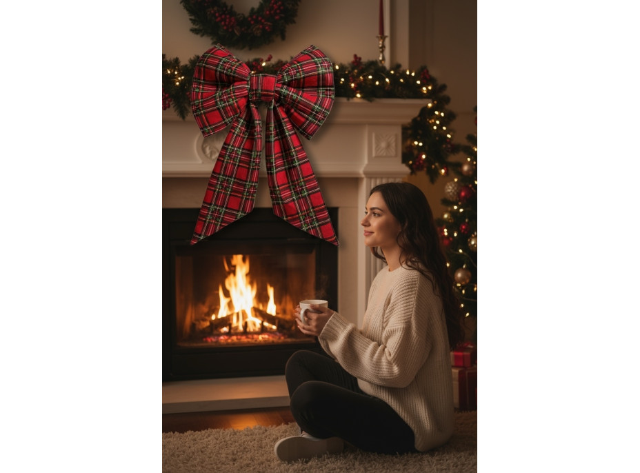 Ozdobná mašľa DECO Glam Bow 50x40+50 cm - károvaná červená