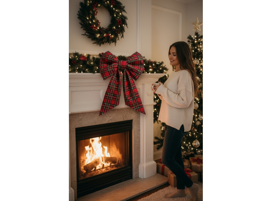 Ozdobná mašľa DECO Glam Bow 50x40+50 cm - károvaná červená