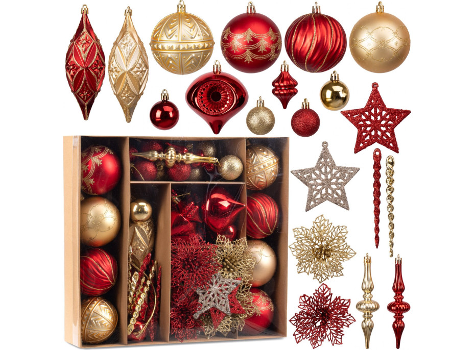 Sada vianočných ozdôb na stromček MARIEN - 70 kusov - červené/zlaté
