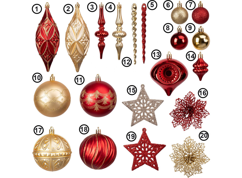 Sada vianočných ozdôb na stromček MARIEN - 70 kusov - červené/zlaté