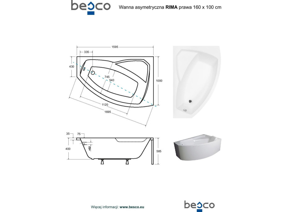 Asymetrická vaňa RIMA 160x100 cm - bez nožičiek, pravá