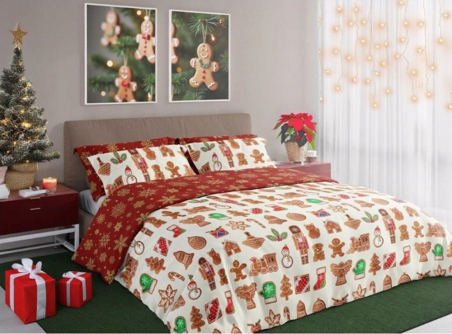 Bavlnené obliečky SCANDIC Perníčky - béžové/červené - 220x200 cm