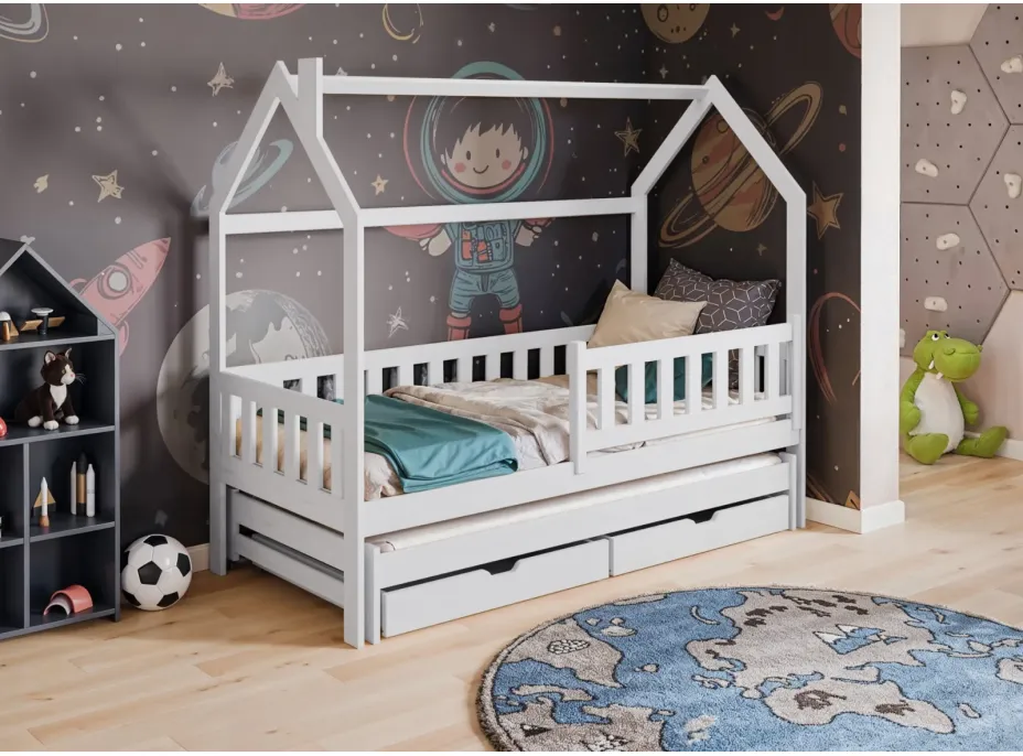 Detská domčeková posteľ s prístelkou a šuplíky MATYLDA - 200x90 cm - biela