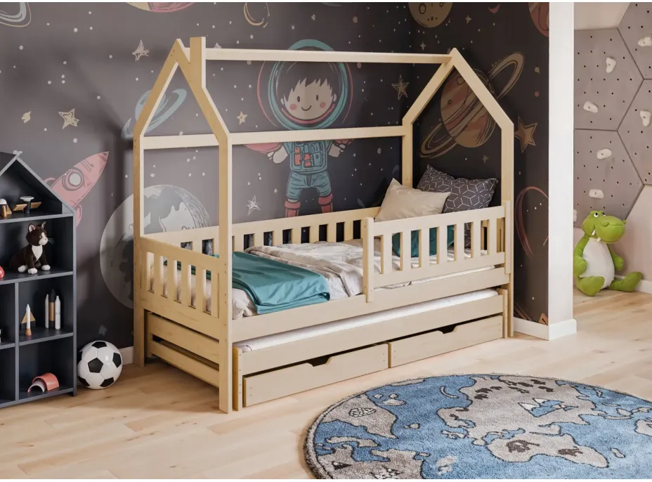 Detská domčeková posteľ s prístelkou a šuplíky MATYLDA - 200x90 cm - prírodná borovica