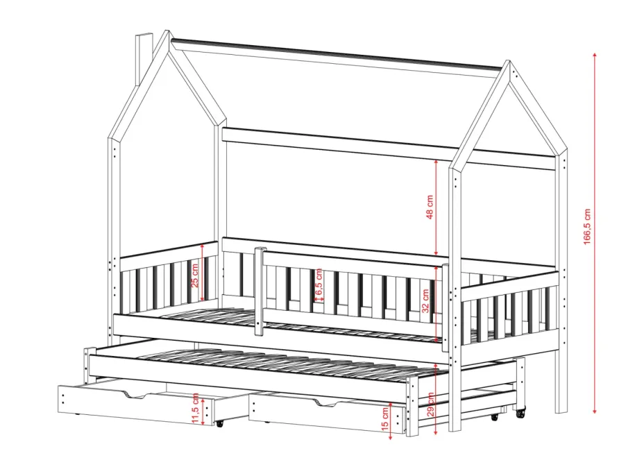 Detská domčeková posteľ s prístelkou a šuplíky MATYLDA - 200x90 cm - prírodná borovica