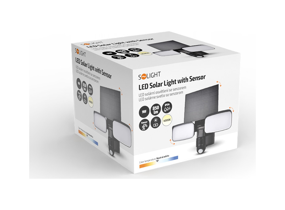 Solight LED solárne osvetlenie so senzorom, 9W, 850lm, 4000K, Li-Ion, čierna