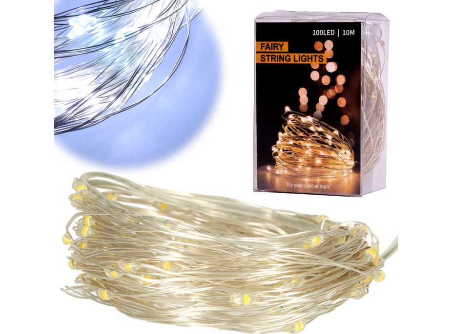 Dekoratívne LED svetlá na drôtiku - 10m 100LED - studená biela