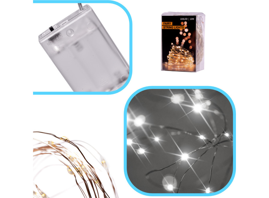 Dekoratívne LED svetlá na drôtiku - 10m 100LED - studená biela