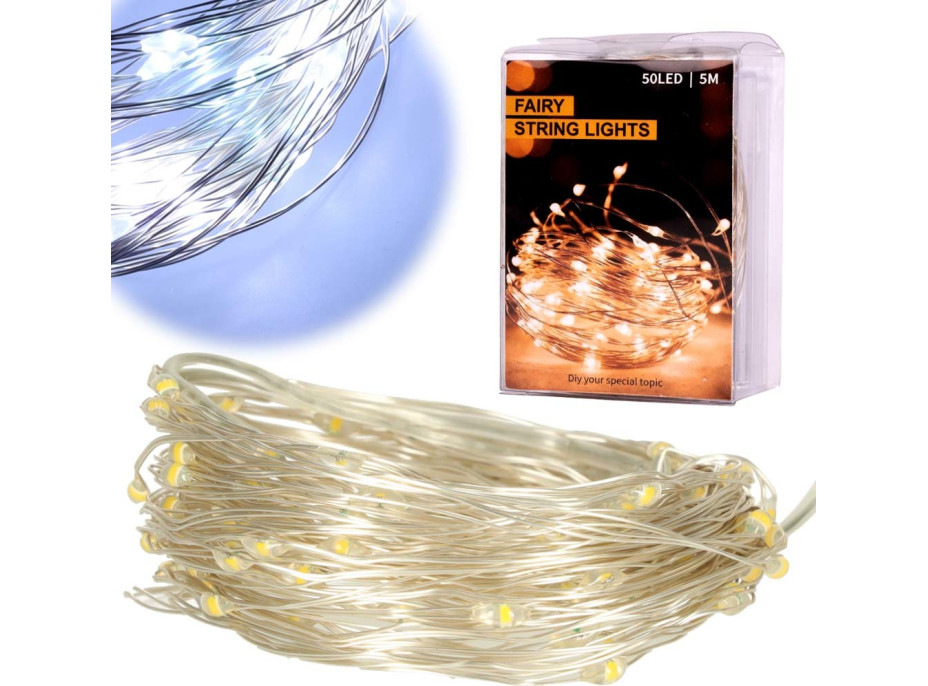 LED dekoratívne osvetlenie na drôtiku - 5m 50LED - studená biela