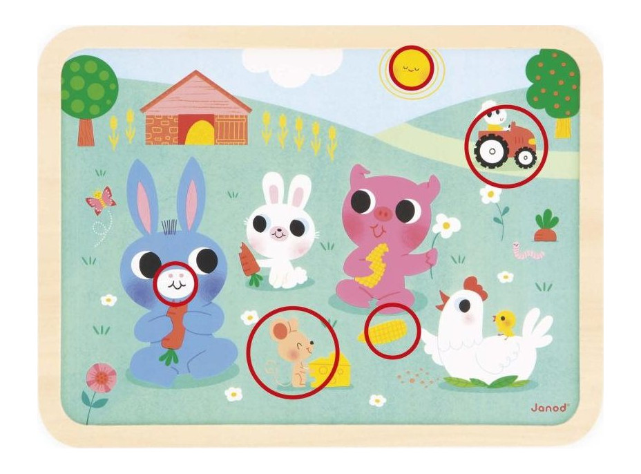 JANOD Drevené puzzle s hľadaním rozdielov Farma 24 dielikov
