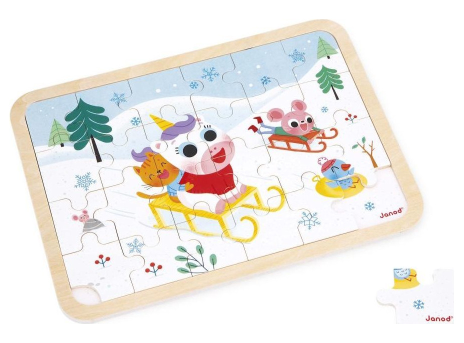 JANOD Drevené puzzle s hľadaním rozdielov Sánkovanie 24 dielikov