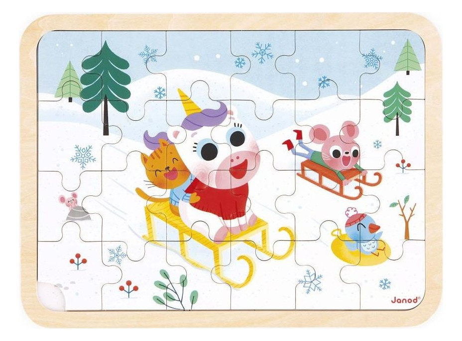 JANOD Drevené puzzle s hľadaním rozdielov Sánkovanie 24 dielikov
