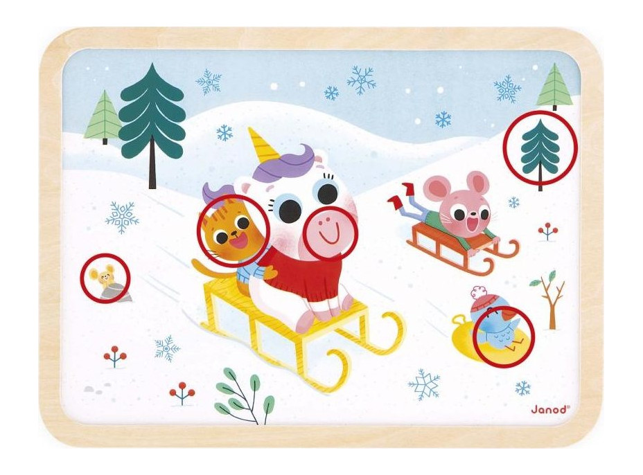 JANOD Drevené puzzle s hľadaním rozdielov Sánkovanie 24 dielikov