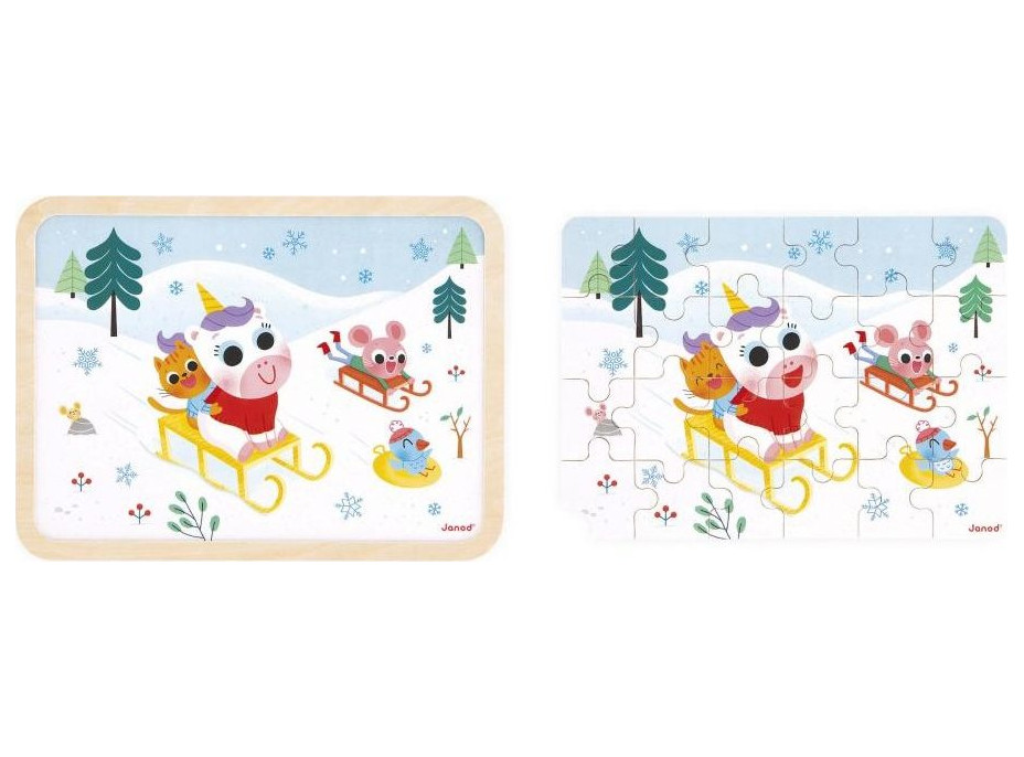JANOD Drevené puzzle s hľadaním rozdielov Sánkovanie 24 dielikov