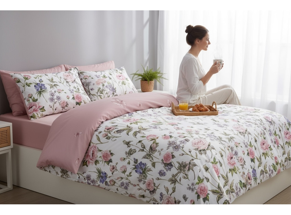 Posteľné obliečky z mikrovlákna FLOWER DREAM - 160x200 cm - biele / ružové