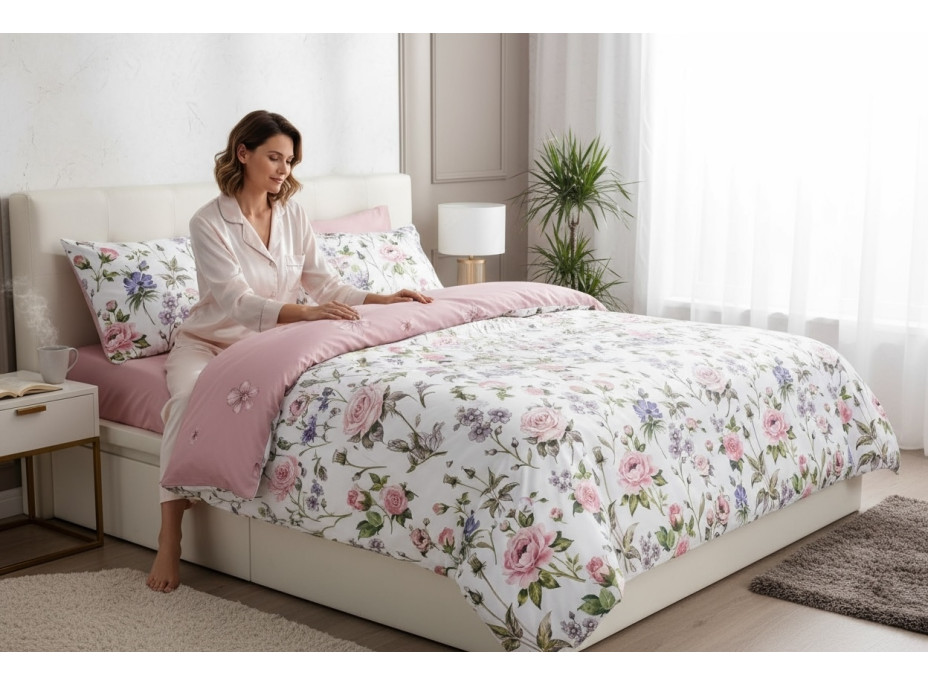 Posteľné obliečky z mikrovlákna FLOWER DREAM - 160x200 cm - biele / ružové