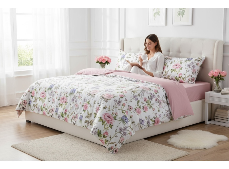 Posteľné obliečky z mikrovlákna FLOWER DREAM - 160x200 cm - biele / ružové