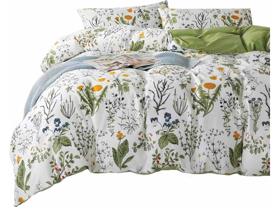 Posteľné obliečky z mikrovlákna NATURAL MEADOW - 160x200 cm - biele / svetlo zelené
