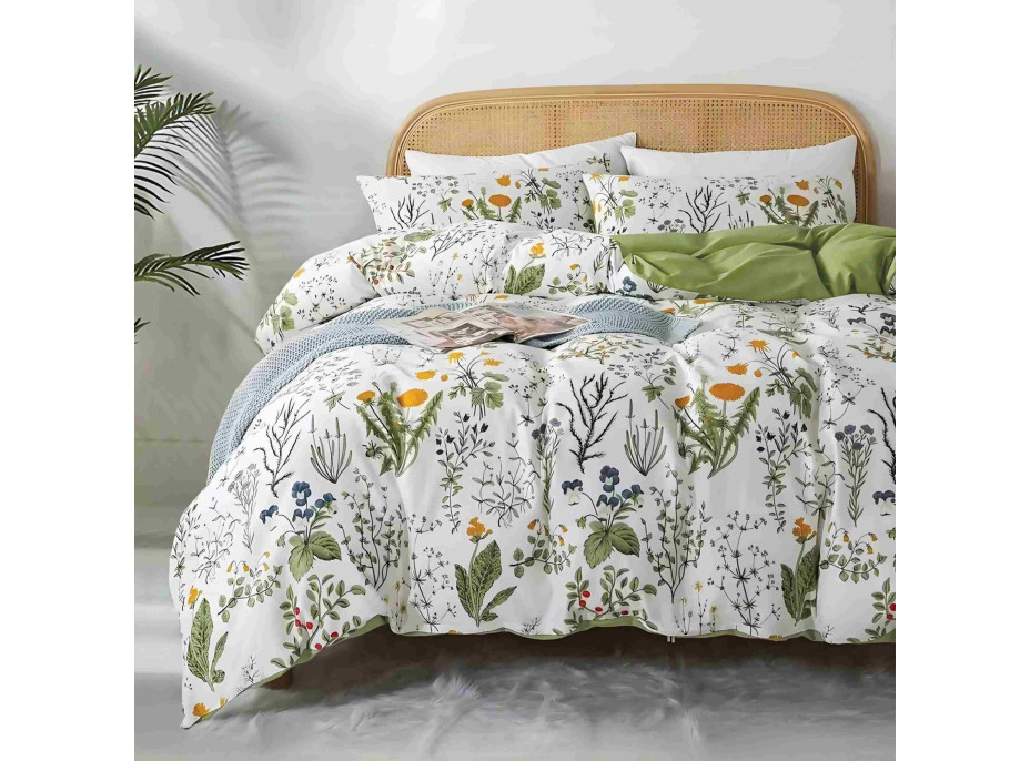 Posteľné obliečky z mikrovlákna NATURAL MEADOW - 160x200 cm - biele / svetlo zelené
