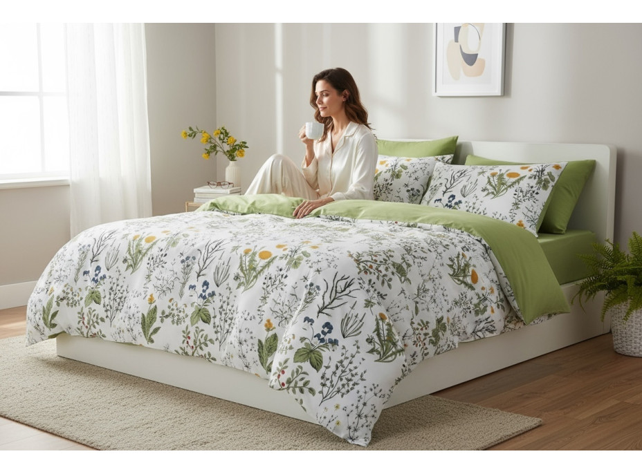 Posteľné obliečky z mikrovlákna NATURAL MEADOW - 160x200 cm - biele / svetlo zelené