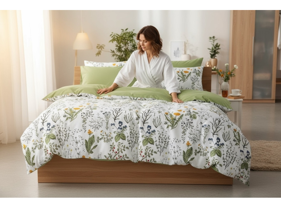 Posteľné obliečky z mikrovlákna NATURAL MEADOW - 160x200 cm - biele / svetlo zelené