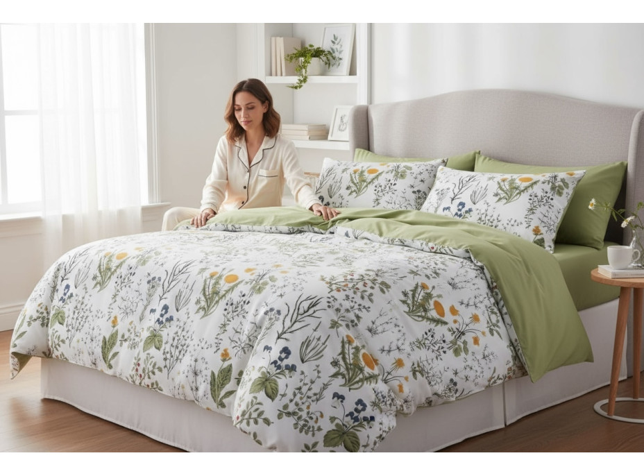 Posteľné obliečky z mikrovlákna NATURAL MEADOW - 160x200 cm - biele / svetlo zelené
