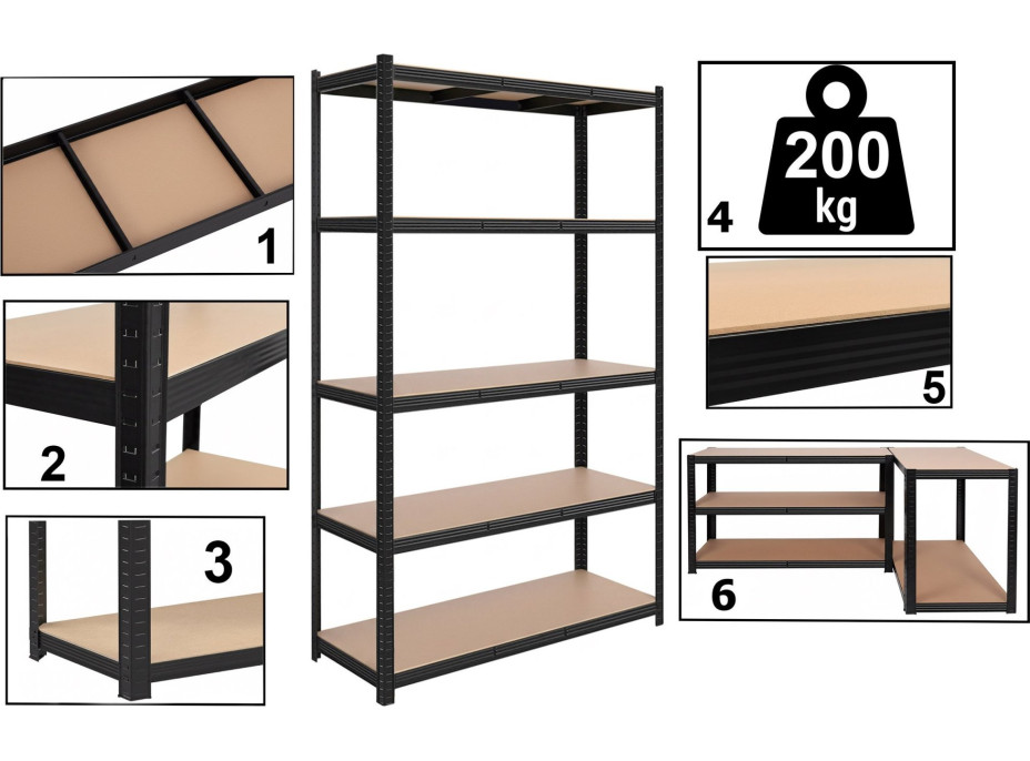 Policový regál - 5 políc - 205x120x45 cm - čierny