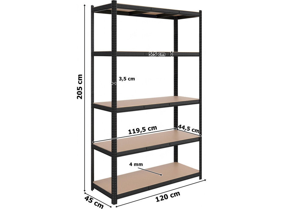 Policový regál - 5 políc - 205x120x45 cm - čierny