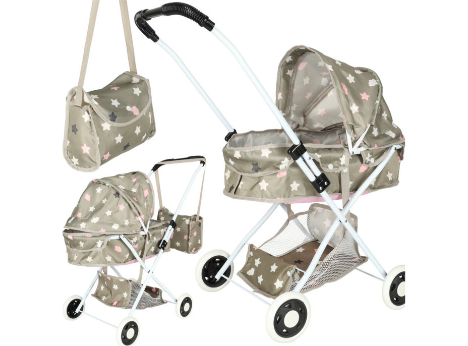 Hlboký kočík pre bábiky s taškou - Hviezdy - šedý