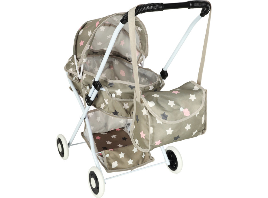 Hlboký kočík pre bábiky s taškou - Hviezdy - šedý