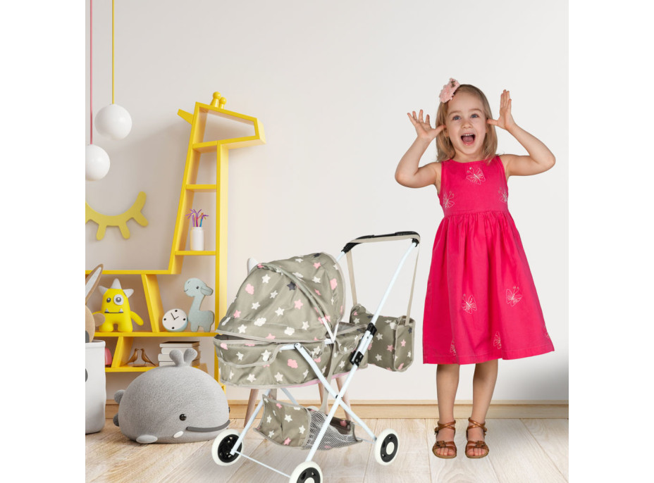 Hlboký kočík pre bábiky s taškou - Hviezdy - šedý