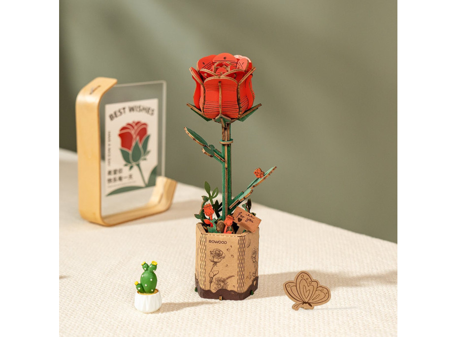 ROBOTIME Rowood 3D drevené puzzle Červená ruža 106 dielikov