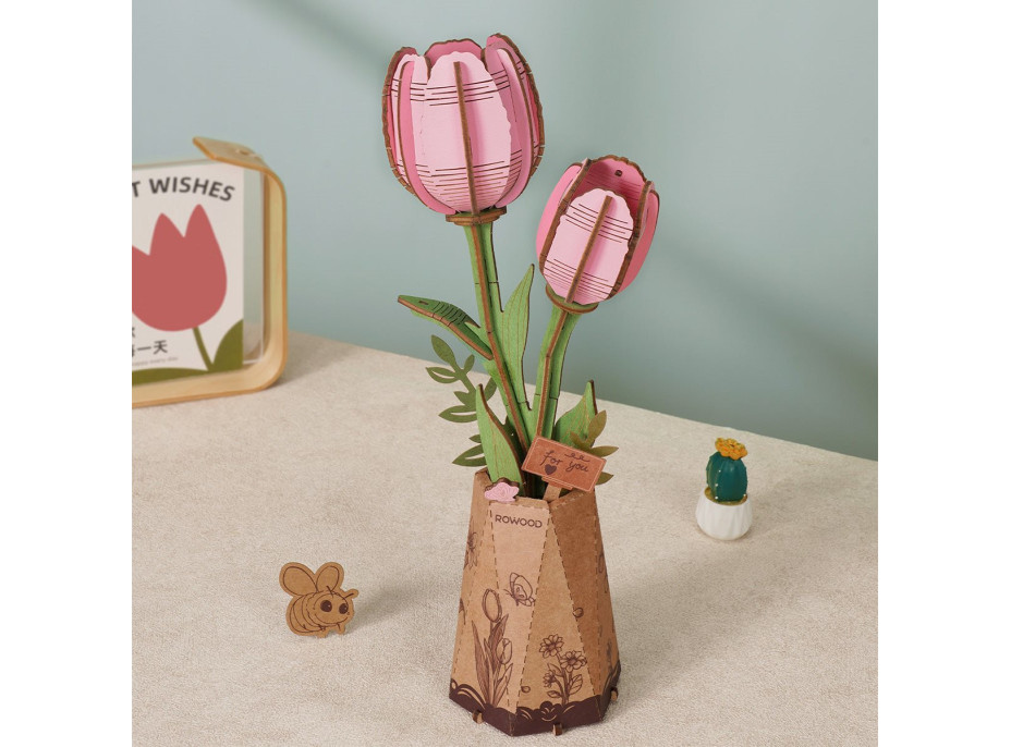 ROBOTIME Rowood 3D drevené puzzle Ružové tulipány 72 dielikov