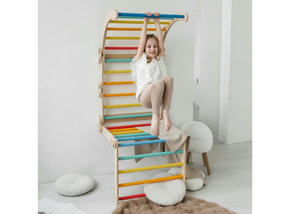 BusyKids Drevené domáce rebriny s hrazdou dúhové