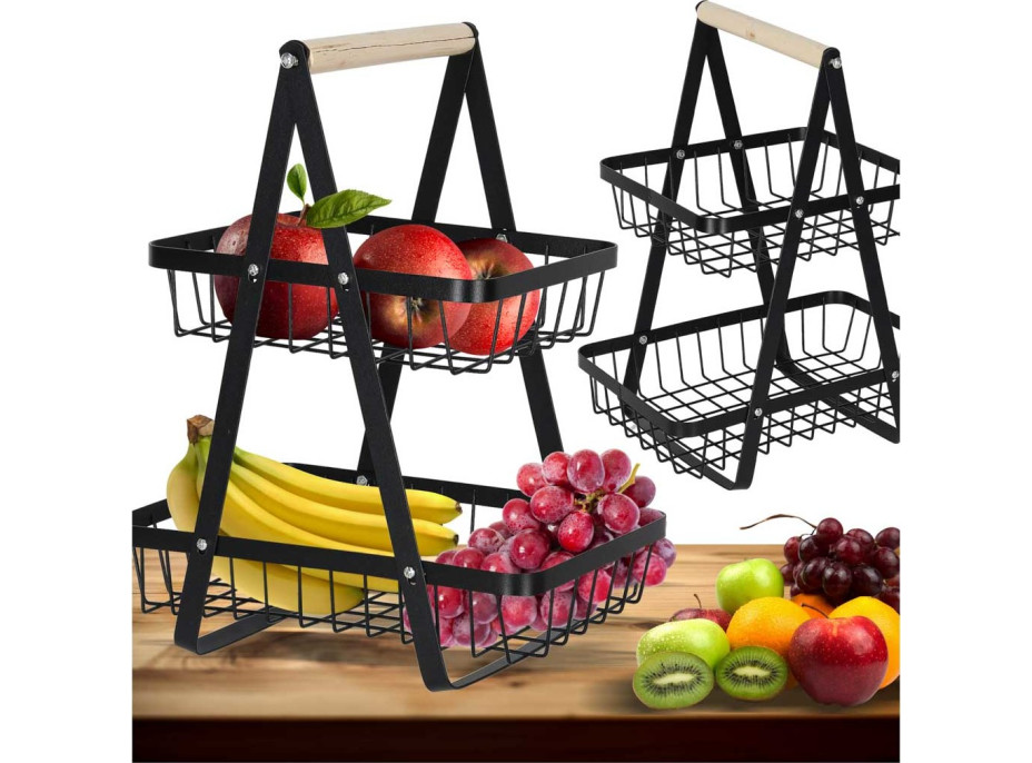 Dvojposchodový kôš na ovocie a zeleninu - čierny (kov, drevo)