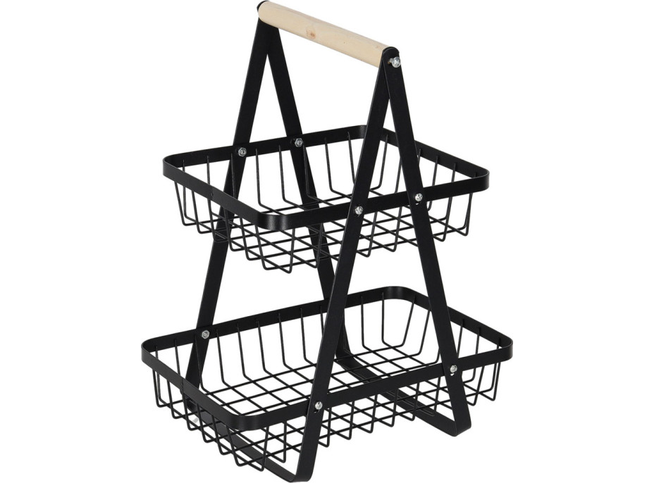 Dvojposchodový kôš na ovocie a zeleninu - čierny (kov, drevo)