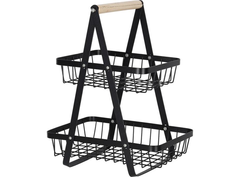 Dvojposchodový kôš na ovocie a zeleninu - čierny (kov, drevo)