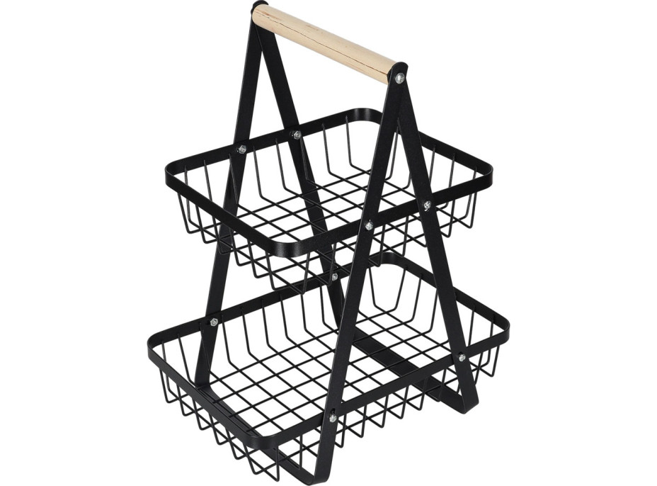 Dvojposchodový kôš na ovocie a zeleninu - čierny (kov, drevo)